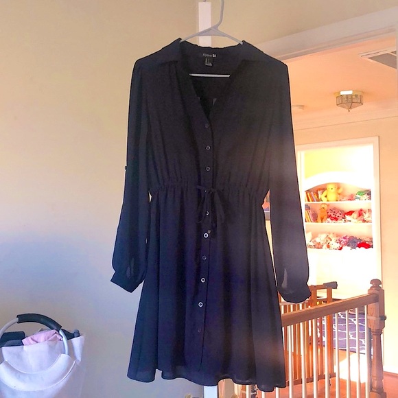 Vintage F21 long sleeve button down drawstring tie waist down navy mini dress - Picture 4 of 9